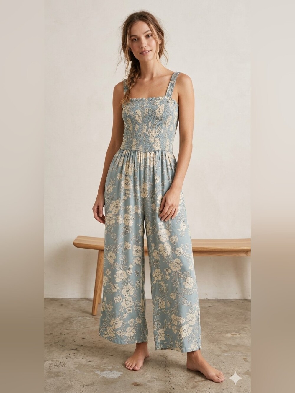Patrons of Peace Smocked Bodice Wide-Leg Floral Jumpsuit - Morning Mist NWT SZ S